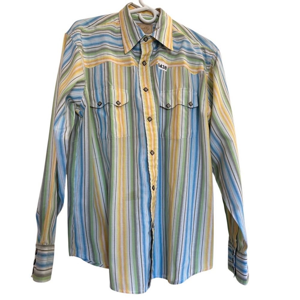 Scully Men's M Button Down Striped Blue Yellow Shirt pearl Snap Western Rodeo